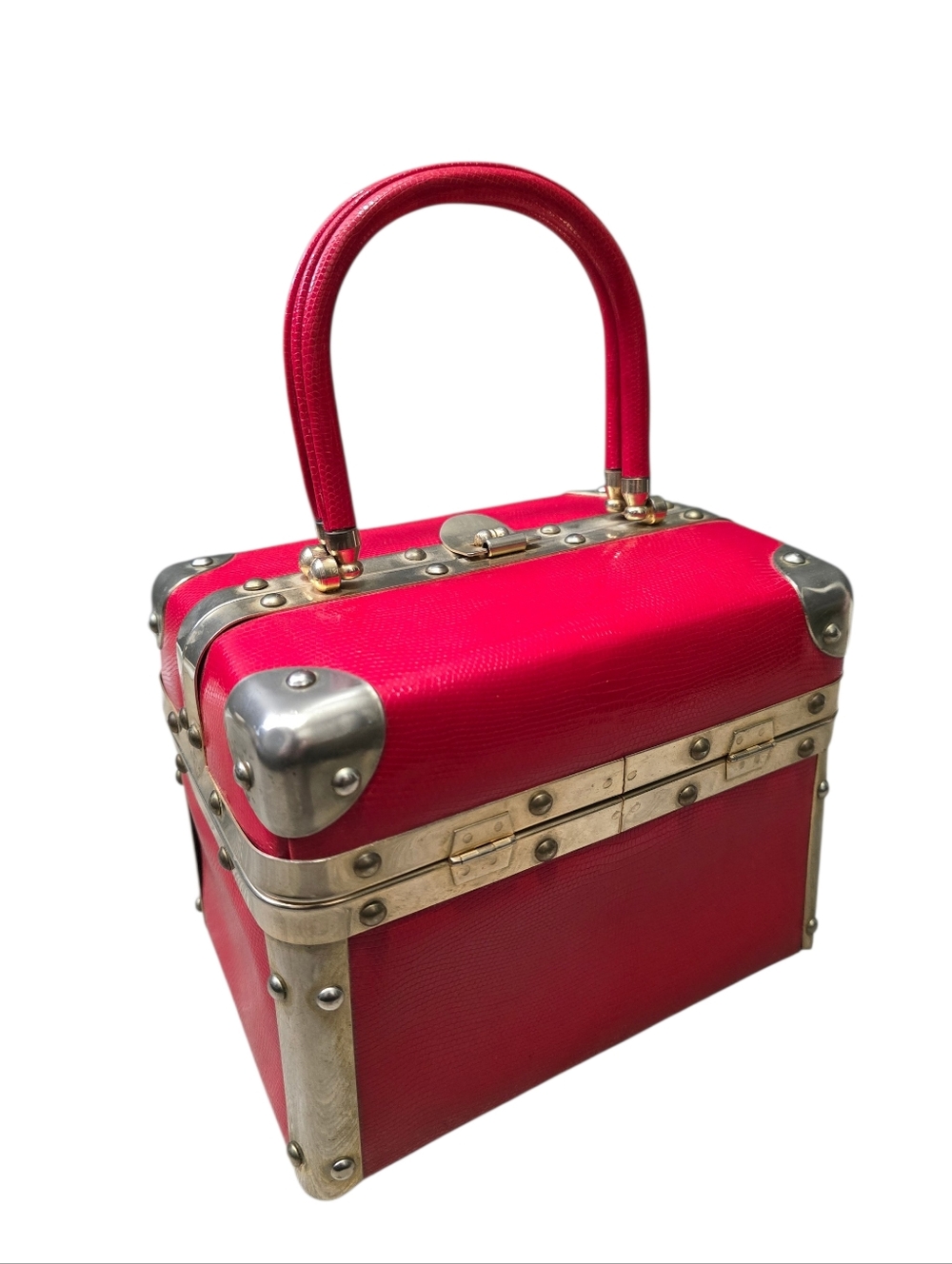 Vtg Rosenfeld Italy Train Box Purse Red Marble Vinyl W/ Gold Tone Accents As Is